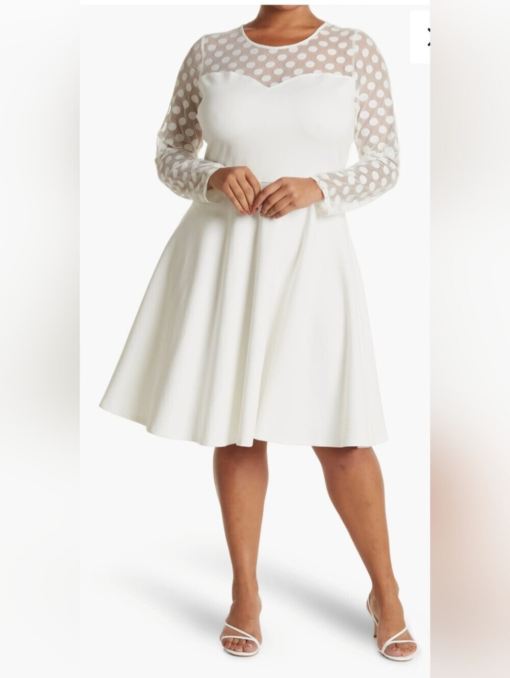 NWT Love By  Design White Fit-and-Flare Dress with Polka Dot Mesh Yoke Sz.L